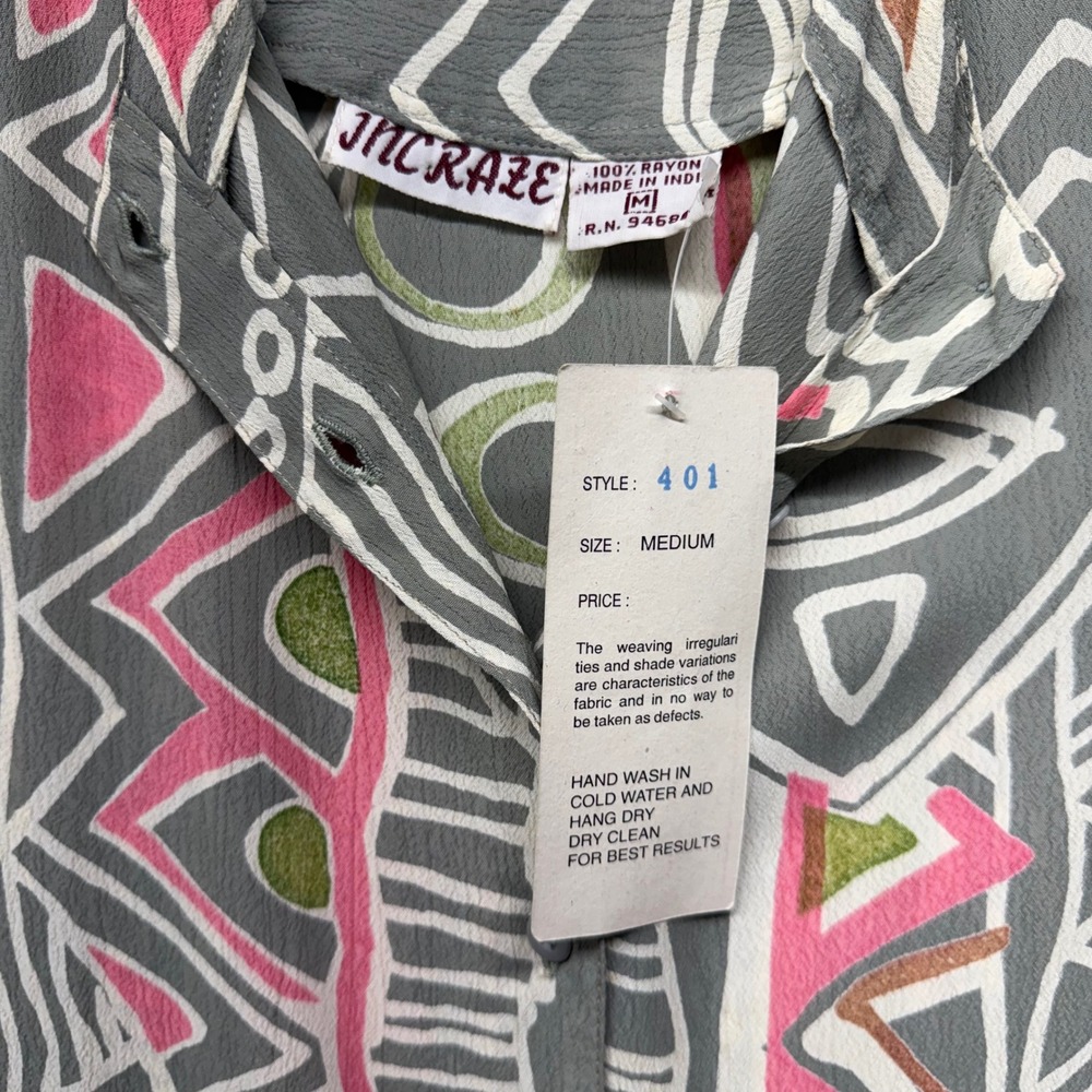 VTG Tribal Mask Print Rayon Shift Dress Grey Pink Sleeveless Button Down NWT M‎ - Picture 7 of 12
